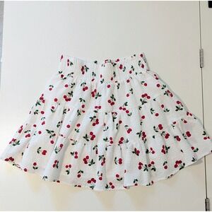 English Factory White Cherry Print Tiered Mini Skirt Smocked Seersucker XS